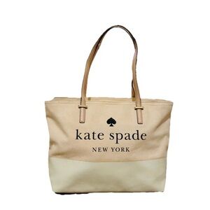 Kate Spade Remmi Ash Street Tote – Pink & White Canvas with Leather Straps